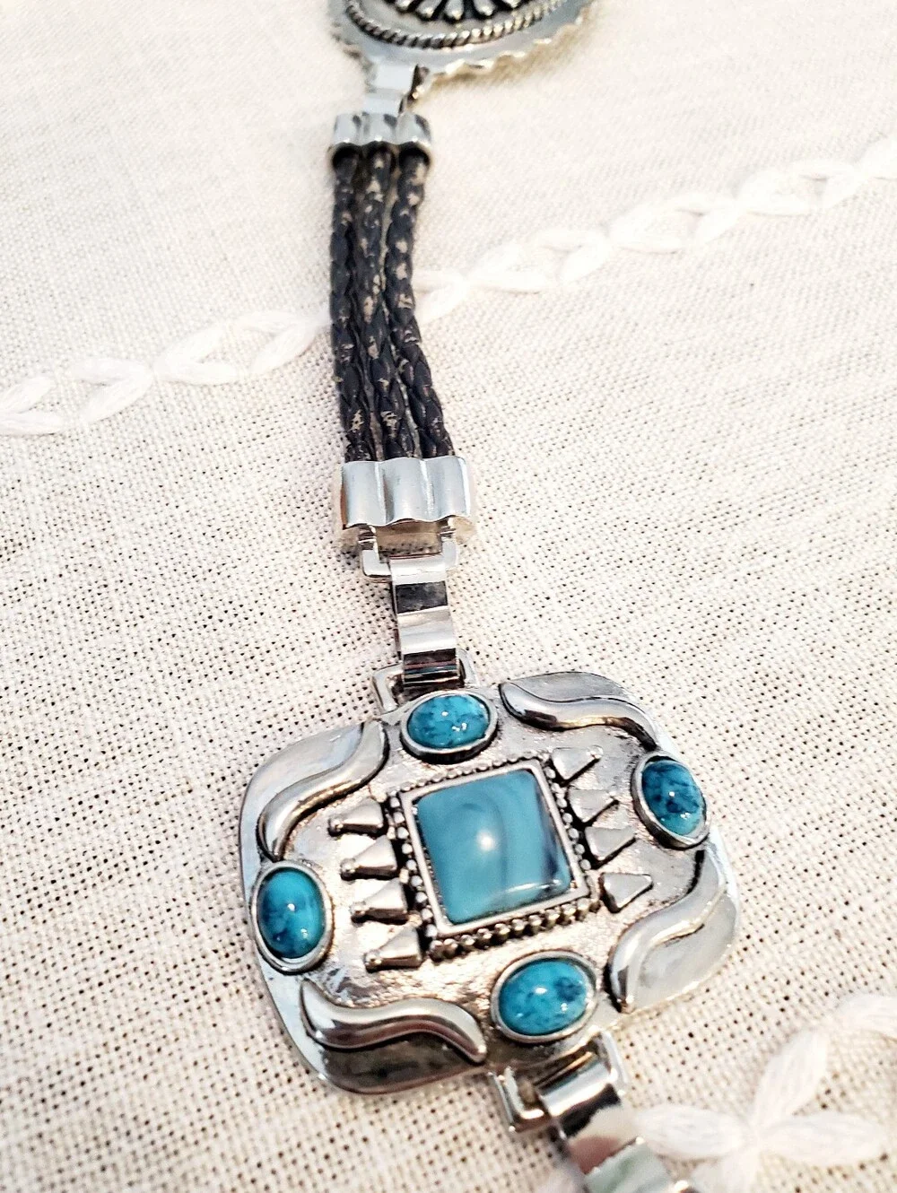 Silver Concho Belt with Black Braided Cord and Turquoise Accents